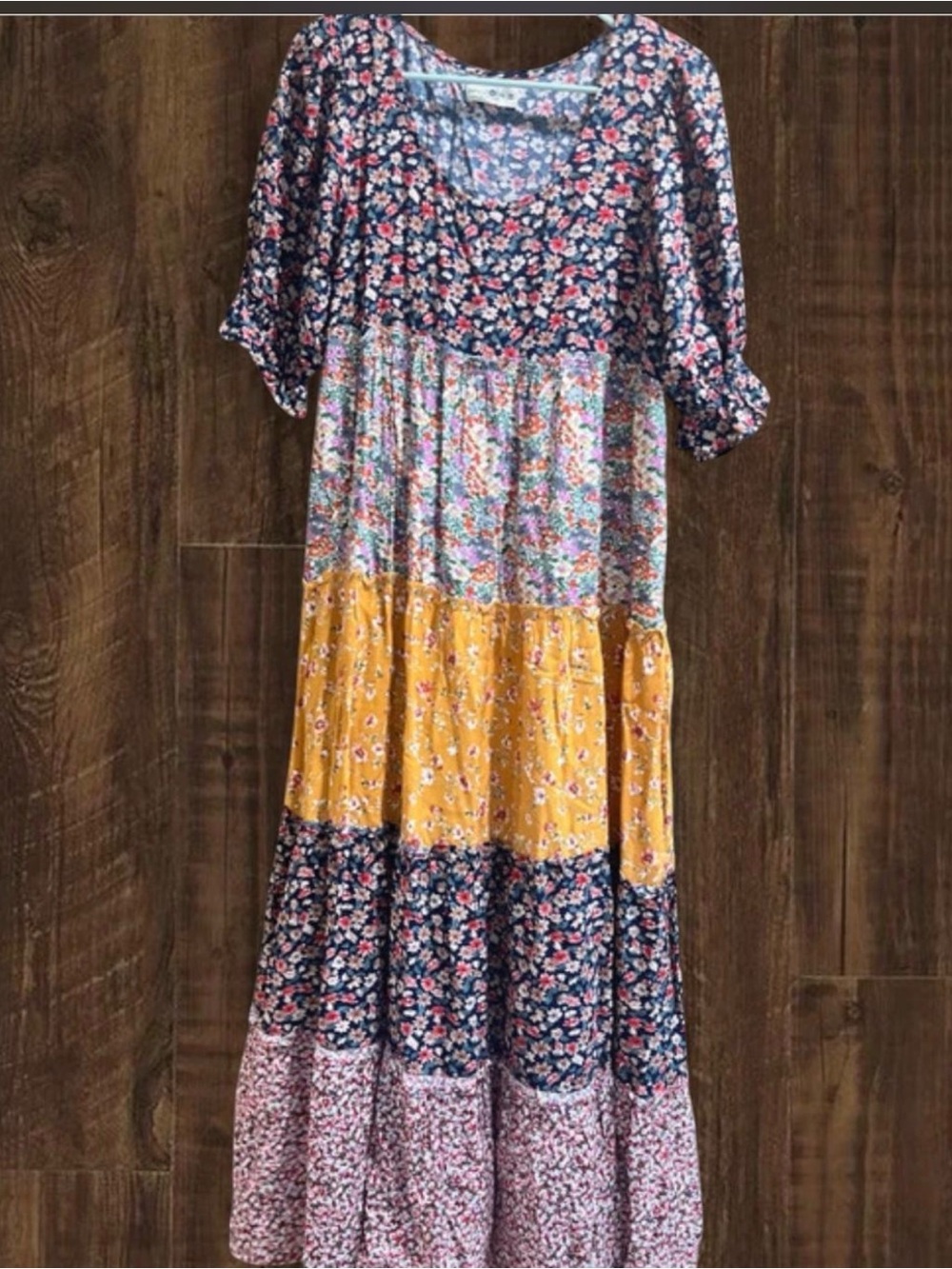 NATURAL LIFE Multi-Panel Floral Tiered Maxi Dress in Navy and Mustard